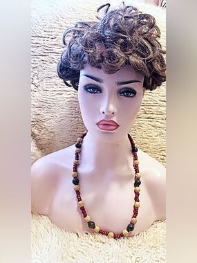 Boho Beaded Necklace with Red, Black & Gold Tones